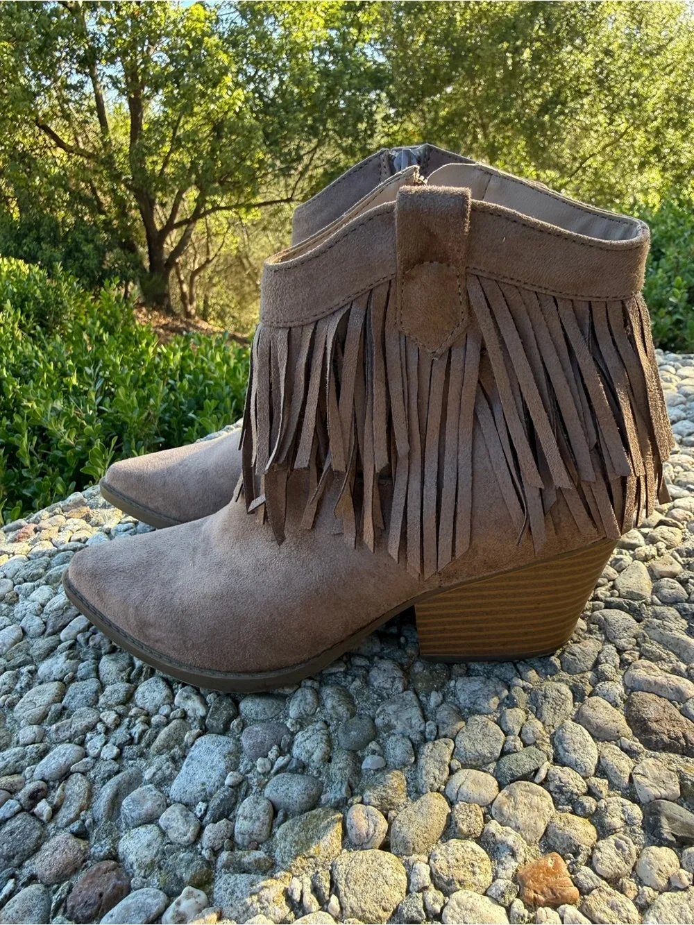 Frye Taupe Suede Fringe Ankle Boots